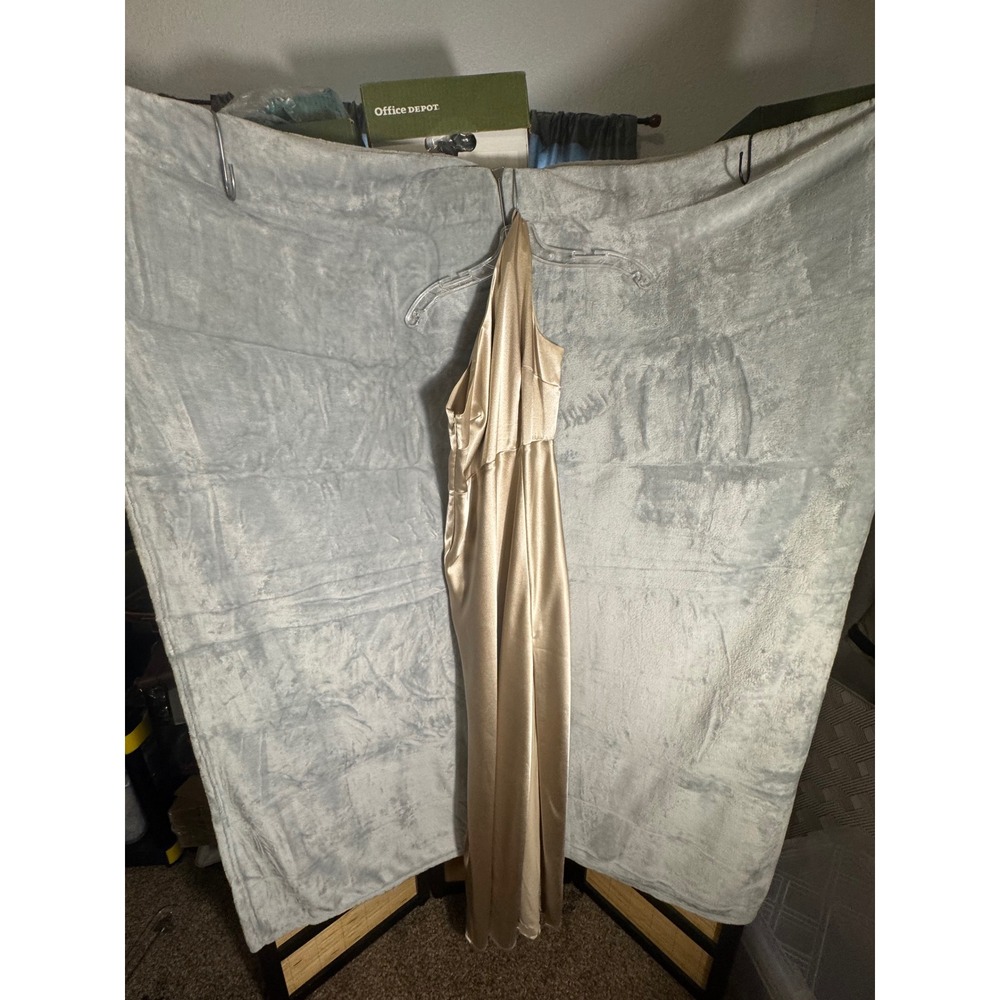 Birdy Grey Dress Champagne Gold Satin One Shoulder Side Slit Formal Maxi
size
S